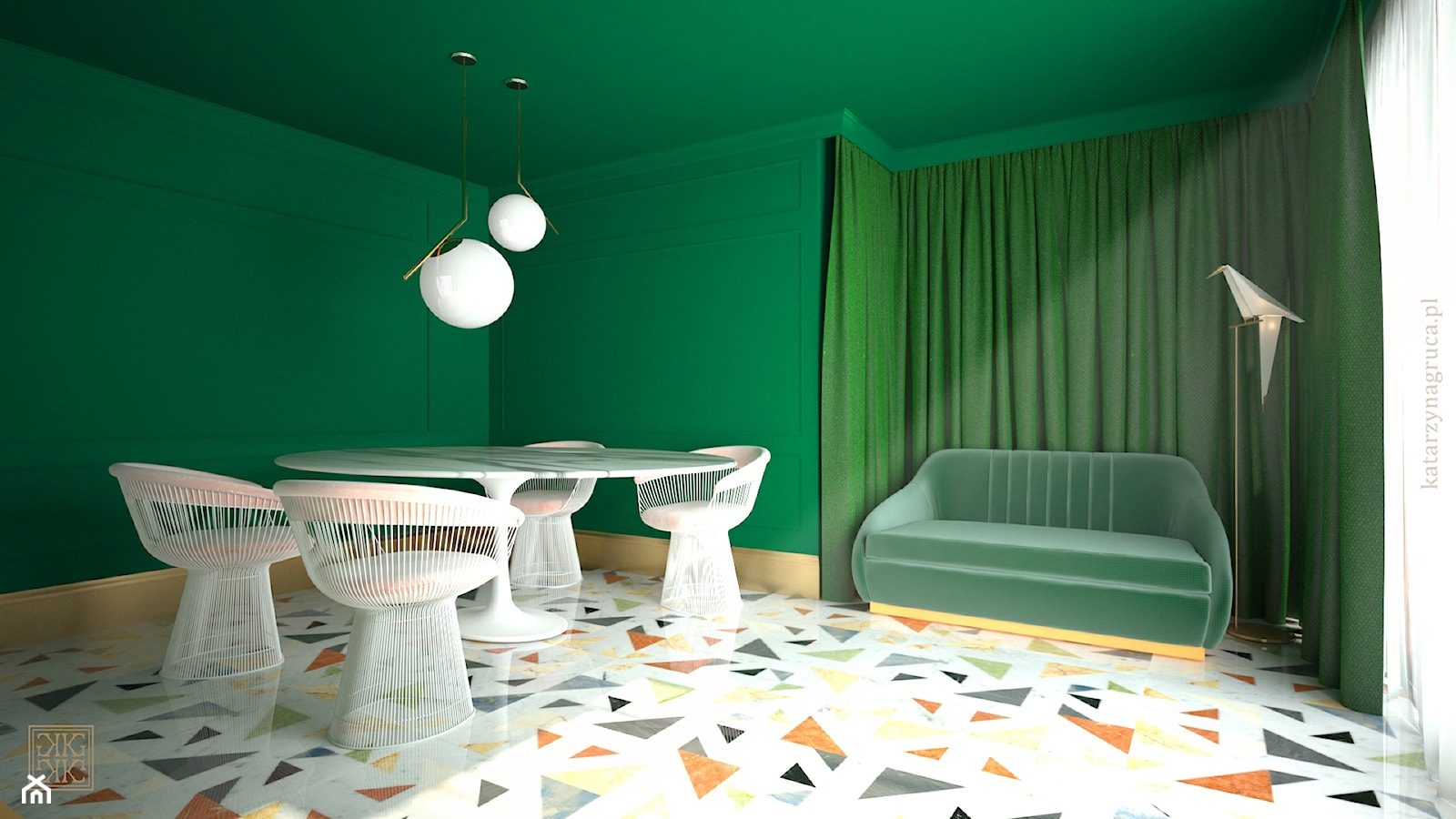 Szmaragdowy pokój telewizyjny - Mały zielony salon z jadalnią, styl glamour - zdjęcie od Katarzyna Gruca Projektowanie Wnętrz - Homebook