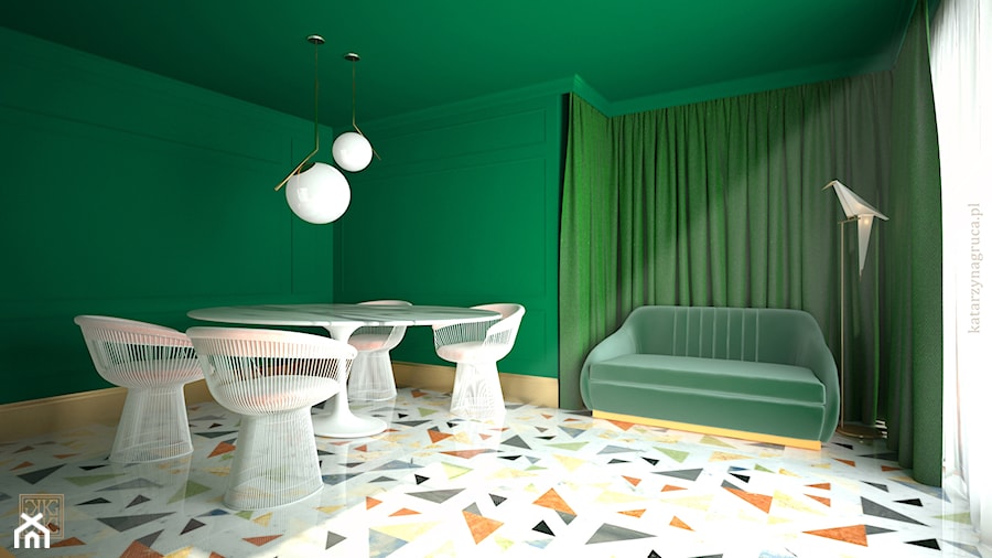 Szmaragdowy pokój telewizyjny - Mały zielony salon z jadalnią, styl glamour - zdjęcie od Katarzyna Gruca Projektowanie Wnętrz