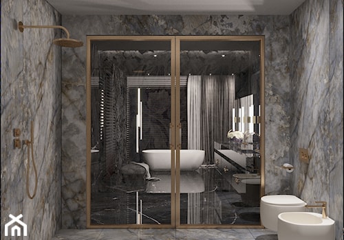 DARK WATER GALAXY - Duża jako pokój kąpielowy z lustrem z punktowym oświetleniem łazienka z oknem, ... - zdjęcie od Katarzyna Gruca Projektowanie Wnętrz