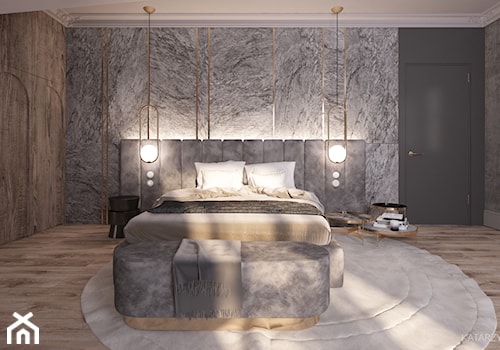 Projekt sypialni w stylu art deco - Średnia szara sypialnia na poddaszu, styl nowoczesny - zdjęcie od Katarzyna Gruca Projektowanie Wnętrz