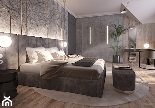 Projekt sypialni w stylu art deco - Duża szara sypialnia na poddaszu, styl glamour - zdjęcie od Katarzyna Gruca Projektowanie Wnętrz
