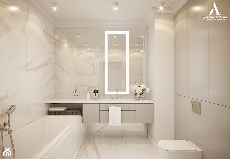 Ponadczasowa łazienka z płytkami z wzorem calacatta. - zdjęcie od Aleksandra Wachowicz Architektura Wnętrz