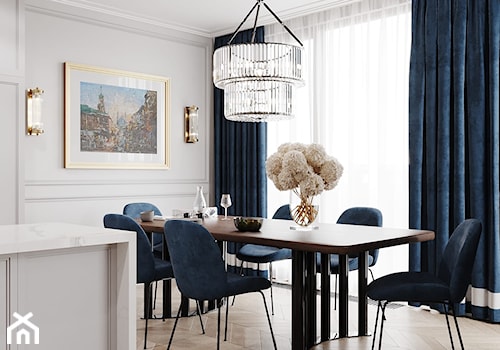 Apartament Sarmacka - Średnia biała szara jadalnia jako osobne pomieszczenie, styl glamour - zdjęcie od Aleksandra Wachowicz Architektura Wnętrz