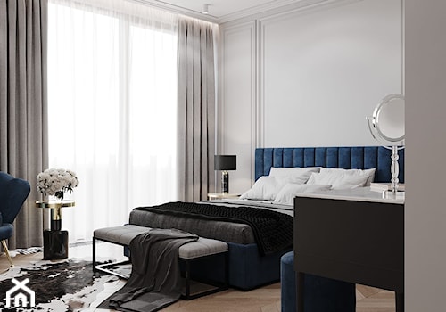Apartament Sarmacka - Duża biała szara sypialnia z balkonem / tarasem, styl glamour - zdjęcie od Aleksandra Wachowicz Architektura Wnętrz