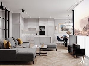 Apartament Sarmacka - Średni biały salon z kuchnią z jadalnią, styl glamour - zdjęcie od Aleksandra Wachowicz Architektura Wnętrz