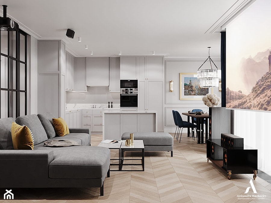 Apartament Sarmacka - Średni biały salon z kuchnią z jadalnią, styl glamour - zdjęcie od Aleksandra Wachowicz Architektura Wnętrz