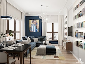 Mieszkanie w Wilanowie - Średni biały niebieski salon z jadalnią z bibiloteczką, styl nowoczesny - zdjęcie od Aleksandra Wachowicz Architektura Wnętrz