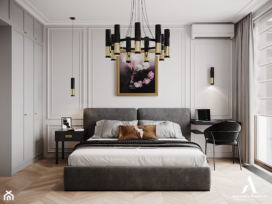 Apartament Sarmacka - Średnia biała z biurkiem sypialnia, styl tradycyjny - zdjęcie od Aleksandra Wachowicz Architektura Wnętrz