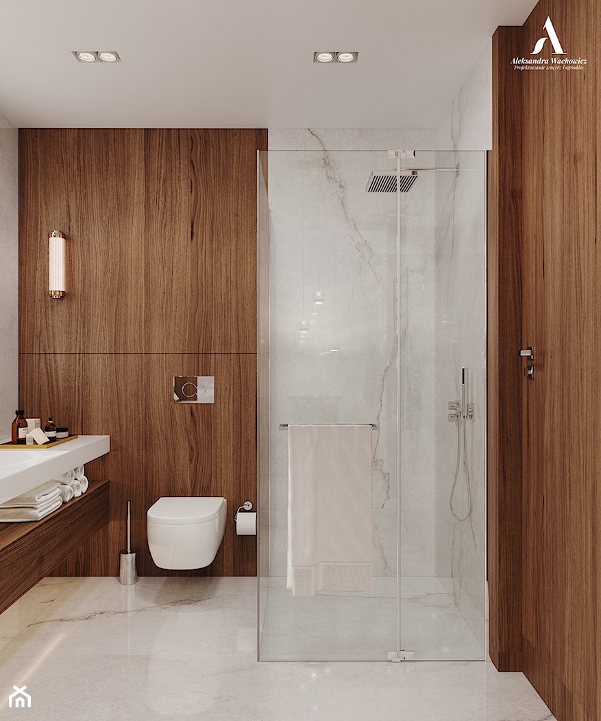 Nowoczesna łazienka z zastosowaniem forniru - zdjęcie od Aleksandra Wachowicz Architektura Wnętrz - Homebook