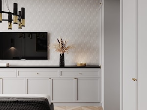 Apartament Sarmacka - Duża beżowa biała szara sypialnia, styl glamour - zdjęcie od Aleksandra Wachowicz Architektura Wnętrz