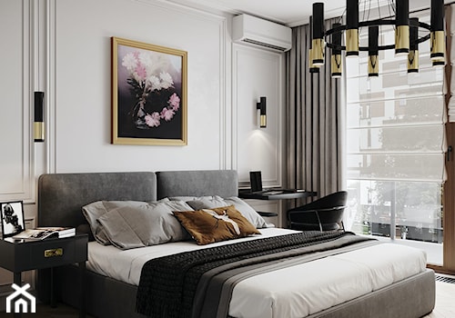 Apartament Sarmacka - Duża biała z biurkiem sypialnia z balkonem / tarasem, styl glamour - zdjęcie od Aleksandra Wachowicz Architektura Wnętrz