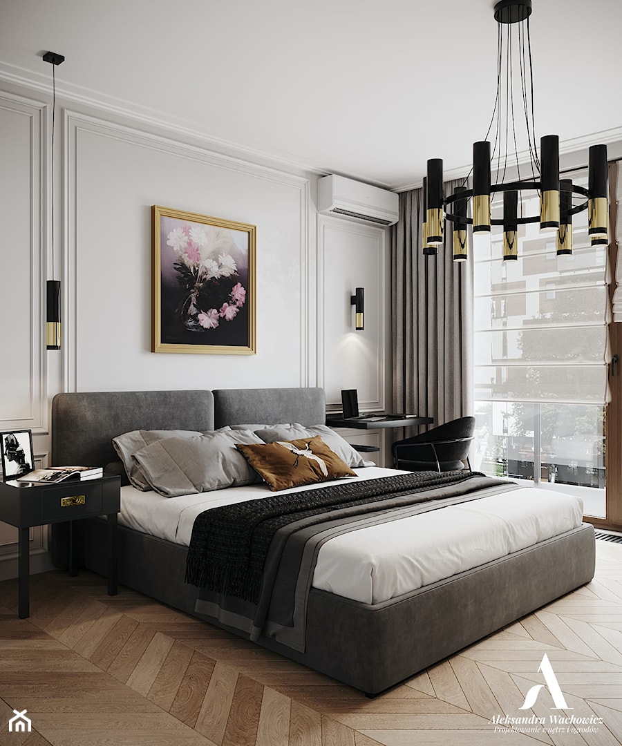Apartament Sarmacka - Duża biała z biurkiem sypialnia z balkonem / tarasem, styl glamour - zdjęcie od Aleksandra Wachowicz Architektura Wnętrz