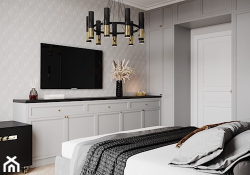 Apartament Sarmacka - Duża biała szara sypialnia, styl glamour - zdjęcie od Aleksandra Wachowicz Architektura Wnętrz
