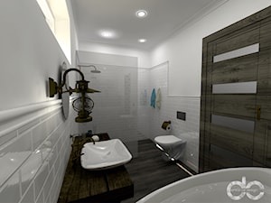 Projekt łazienki domu jednorodzinnego w Drogomyślu - Mała na poddaszu bez okna z lustrem łazienka, styl rustykalny - zdjęcie od dc creative design