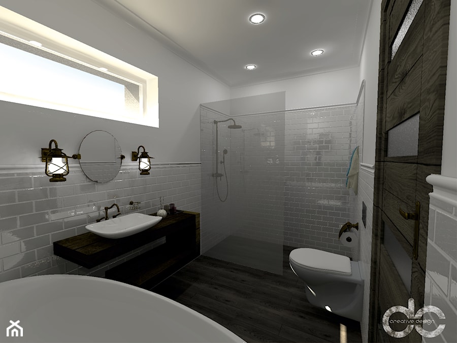 Projekt łazienki domu jednorodzinnego w Drogomyślu - Średnia z lustrem z punktowym oświetleniem łazienka z oknem, styl rustykalny - zdjęcie od dc creative design