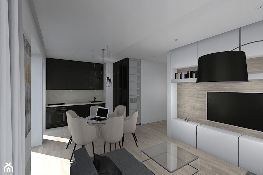 Mieszkanie 56m2 - Mały biały salon z kuchnią z jadalnią - zdjęcie od Interiorndesign