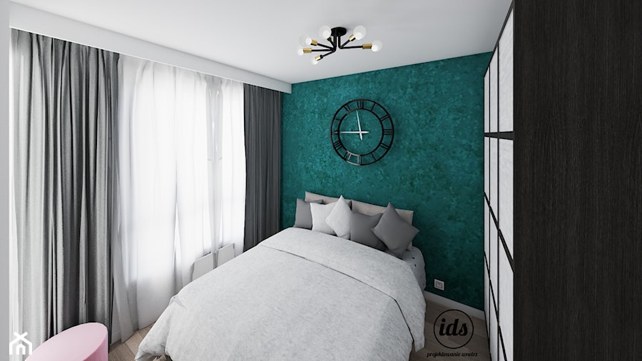 Mieszkanie Pogórze 43m2 - Mała biała niebieska sypialnia, styl nowoczesny - zdjęcie od IDS projektowanie wnętrz