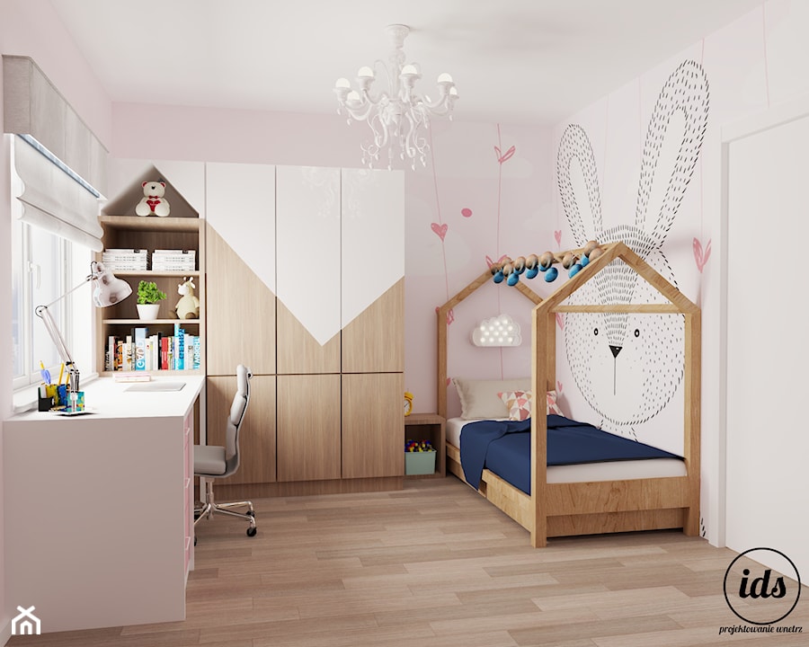 Pokój małej księżniczki - Średni biały różowy pokój dziecka dla nastolatka dla chłopca dla dziewczynki, styl skandynawski - zdjęcie od IDS projektowanie wnętrz