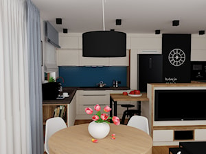 mieszkanie 17 - Średnia otwarta z salonem biała czarna niebieska z zabudowaną lodówką z nablatowym zlewozmywakiem kuchnia w kształcie litery l z wyspą lub półwyspem z oknem, styl nowoczesny - zdjęcie od projekt ka