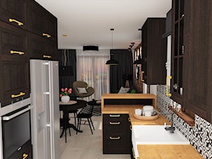 mieszkanie 12 - Średnia otwarta z salonem biała czarna z zabudowaną lodówką z lodówką wolnostojącą z nablatowym zlewozmywakiem kuchnia w kształcie litery g z oknem, styl rustykalny - zdjęcie od projekt ka