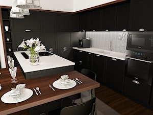 kuchnia 13 - Średnia otwarta z salonem biała czarna z zabudowaną lodówką z podblatowym zlewozmywakiem kuchnia w kształcie litery u, styl tradycyjny - zdjęcie od projekt ka