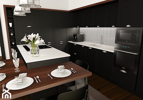 kuchnia 13 - Średnia otwarta z salonem biała czarna z zabudowaną lodówką z podblatowym zlewozmywakiem kuchnia w kształcie litery u, styl tradycyjny - zdjęcie od projekt ka