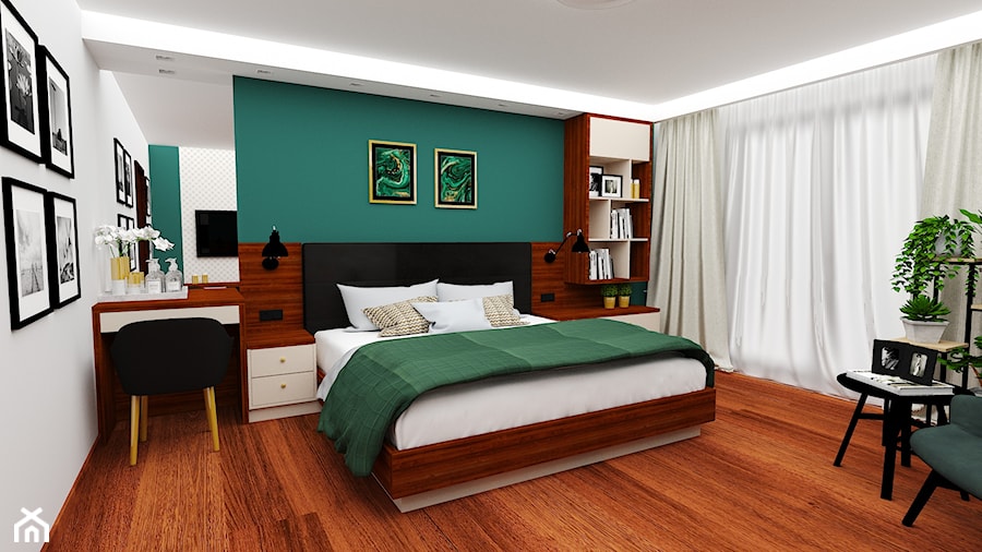 sypialnia 1 - Duża biała zielona z biurkiem sypialnia, styl nowoczesny - zdjęcie od projekt ka