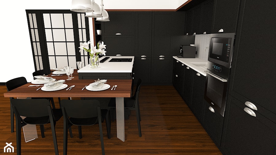 kuchnia 13 - Średnia otwarta z salonem biała z zabudowaną lodówką z podblatowym zlewozmywakiem kuchnia w kształcie litery u, styl tradycyjny - zdjęcie od projekt ka