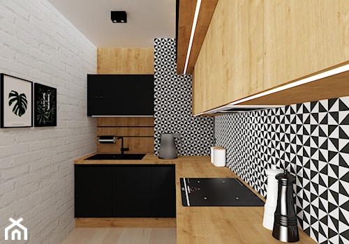 kuchnia 48 - Średnia zamknięta biała czarna z zabudowaną lodówką z nablatowym zlewozmywakiem kuchnia w kształcie litery l, styl nowoczesny - zdjęcie od projekt ka