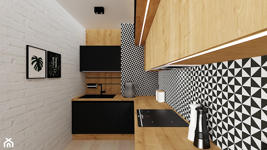 kuchnia 48 - Średnia zamknięta biała czarna z zabudowaną lodówką z nablatowym zlewozmywakiem kuchnia w kształcie litery l, styl nowoczesny - zdjęcie od projekt ka