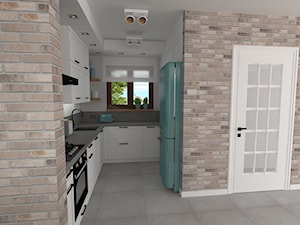 mieszkanie 7 - Średnia otwarta z salonem biała z zabudowaną lodówką z podblatowym zlewozmywakiem kuchnia w kształcie litery u z oknem, styl skandynawski - zdjęcie od projekt ka
