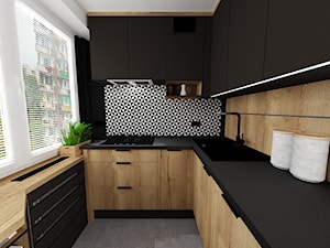 kuchnia 37 - Mała zamknięta beżowa biała czarna z zabudowaną lodówką z lodówką wolnostojącą z nablatowym zlewozmywakiem kuchnia w kształcie litery g z oknem, styl nowoczesny - zdjęcie od projekt ka