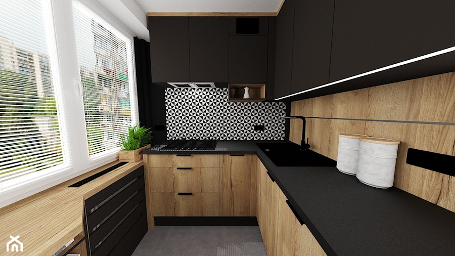 kuchnia 37 - Mała zamknięta beżowa biała czarna z zabudowaną lodówką z lodówką wolnostojącą z nablatowym zlewozmywakiem kuchnia w kształcie litery g z oknem, styl nowoczesny - zdjęcie od projekt ka