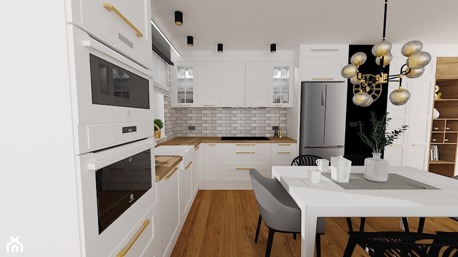 mieszkanie 20 - Duża otwarta biała szara z zabudowaną lodówką z nablatowym zlewozmywakiem kuchnia w kształcie litery l - zdjęcie od projekt ka