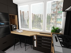 kuchnia 37 - Średnia zamknięta biała czarna z zabudowaną lodówką kuchnia w kształcie litery g z oknem, styl nowoczesny - zdjęcie od projekt ka