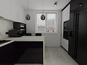 kuchnia 46 - Średnia zamknięta z kamiennym blatem biała szara z zabudowaną lodówką z lodówką wolnostojącą kuchnia dwurzędowa z oknem - zdjęcie od projekt ka