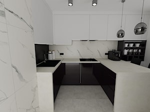 kuchnia 46 - Mała otwarta z kamiennym blatem biała z zabudowaną lodówką z lodówką wolnostojącą z nablatowym zlewozmywakiem kuchnia w kształcie litery u z oknem z marmurem nad blatem kuchennym - zdjęcie od projekt ka