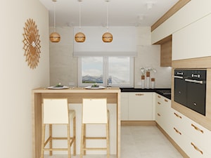 kuchnia 14.1 - Średnia zamknięta z kamiennym blatem beżowa z zabudowaną lodówką kuchnia w kształcie litery l z wyspą lub półwyspem z oknem z marmurem nad blatem kuchennym, styl glamour - zdjęcie od projekt ka