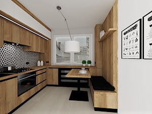 kuchnia 50 - Średnia zamknięta biała z zabudowaną lodówką z podblatowym zlewozmywakiem kuchnia w kształcie litery u z oknem, styl nowoczesny - zdjęcie od projekt ka