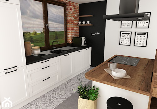 kuchnia 7 - Średnia otwarta biała czarna z zabudowaną lodówką z podblatowym zlewozmywakiem kuchnia dwurzędowa z wyspą lub półwyspem z oknem, styl skandynawski - zdjęcie od projekt ka