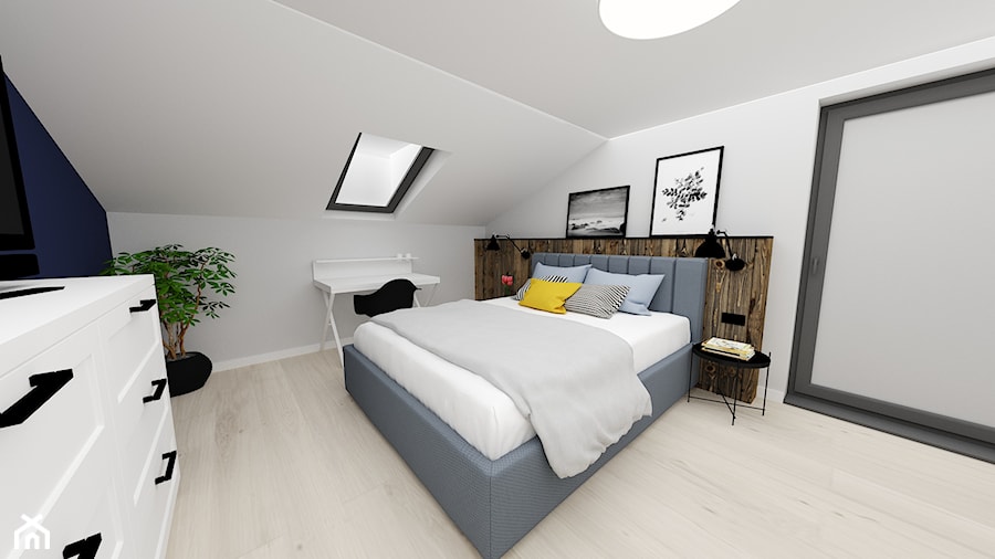 mieszkanie 15 - Duża biała niebieska z biurkiem sypialnia na poddaszu, styl nowoczesny - zdjęcie od projekt ka
