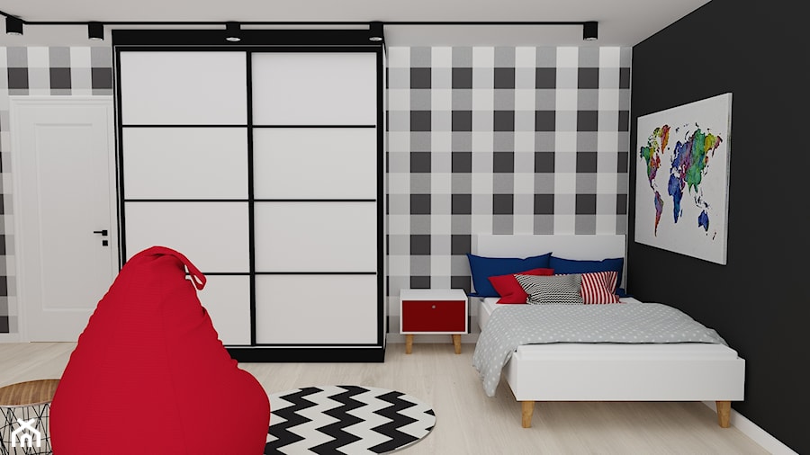 mieszkanie 15 - Duży biały czarny szary pokój dziecka dla nastolatka dla chłopca, styl nowoczesny - zdjęcie od projekt ka