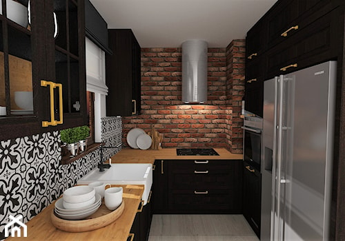 mieszkanie 12 - Mała zamknięta biała czarna z zabudowaną lodówką z nablatowym zlewozmywakiem kuchnia w kształcie litery u, styl rustykalny - zdjęcie od projekt ka