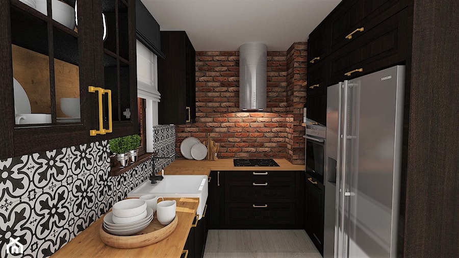 mieszkanie 12 - Mała zamknięta biała czarna z zabudowaną lodówką z nablatowym zlewozmywakiem kuchnia w kształcie litery u, styl rustykalny - zdjęcie od projekt ka