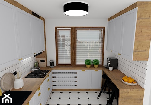 kuchnia 47 - Średnia zamknięta biała z zabudowaną lodówką z lodówką wolnostojącą z nablatowym zlewozmywakiem kuchnia w kształcie litery u z oknem, styl tradycyjny - zdjęcie od projekt ka