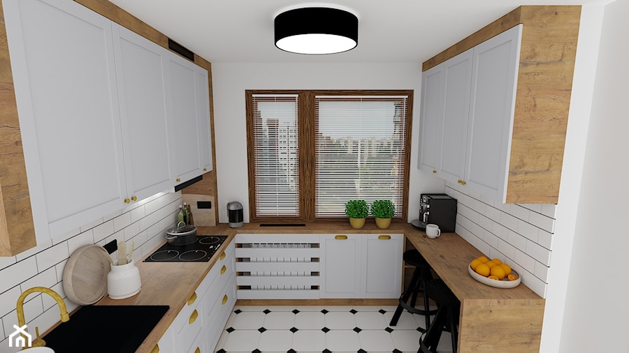kuchnia 47 - Średnia zamknięta biała z zabudowaną lodówką z lodówką wolnostojącą z nablatowym zlewozmywakiem kuchnia w kształcie litery u z oknem, styl tradycyjny - zdjęcie od projekt ka