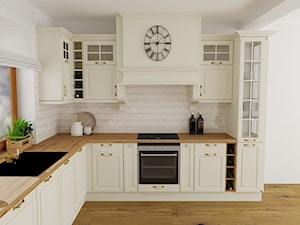 kuchnia 35 - Średnia otwarta biała z zabudowaną lodówką z nablatowym zlewozmywakiem kuchnia w kształcie litery l z oknem, styl prowansalski - zdjęcie od projekt ka