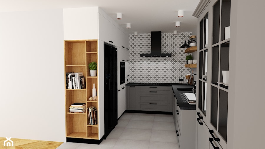 kuchnia 29 - Średnia otwarta z salonem biała szara z zabudowaną lodówką z lodówką wolnostojącą z podblatowym zlewozmywakiem kuchnia w kształcie litery u, styl rustykalny - zdjęcie od projekt ka