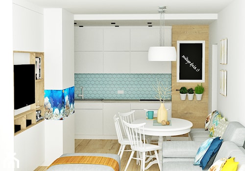 mieszkanie 4 - Mała z salonem biała niebieska z zabudowaną lodówką kuchnia jednorzędowa, styl nowoczesny - zdjęcie od projekt ka