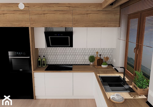 kuchnia 21 - Mała otwarta szara z zabudowaną lodówką z nablatowym zlewozmywakiem kuchnia w kształcie litery l z oknem, styl nowoczesny - zdjęcie od projekt ka